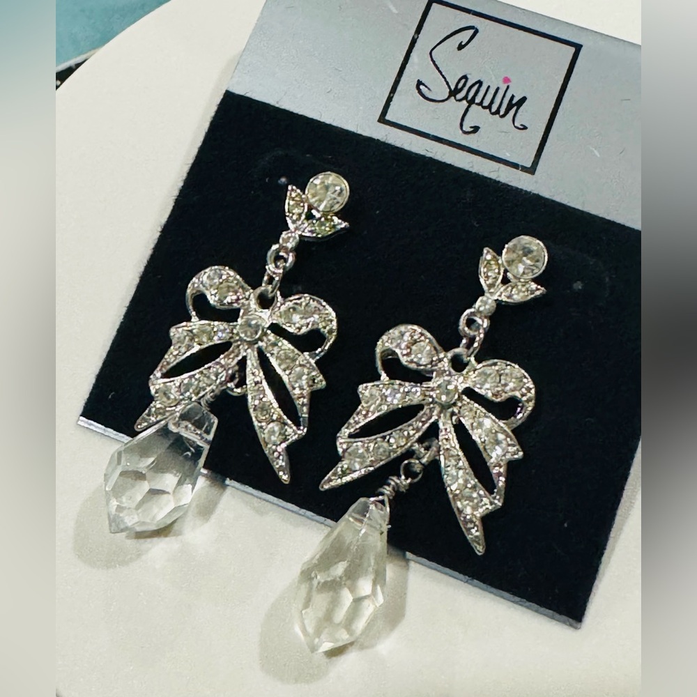 Sequin Chandelier Rhinestone Bow Earrings NWT
Post Pierced